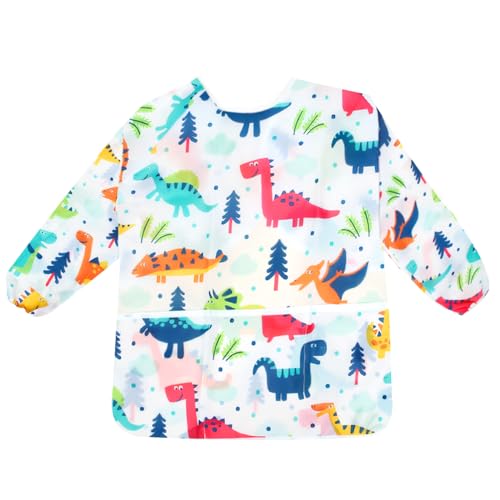 Tablier pour enfants, de 3 à 8 ans, tablier imperméable pour enfants, tablier de peinture à manches longues pour enfants, avec poche pour peindre, cuisiner, manger, arts et artisanat (blanc)
