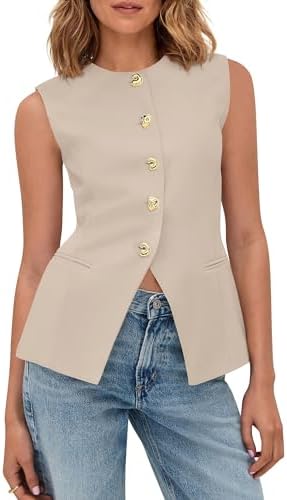 BTFBM Blazers for Women Vest Tops Business Casual Outfits Button Down Sleeveless Pockets Office Work Clothes Spring 2026