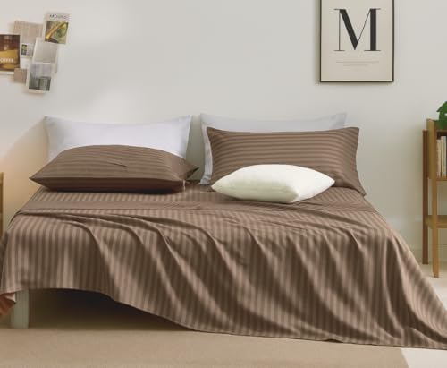 Image of Sofrito Bed Sheet Glace Cotton Striped - 300 TC - Double (90 inchx100 inch) - with 2 Pillow Cover | Ideal for Hospitals, Clinics, Hostels, PGs, Hotels & Guest Houses | Taupe