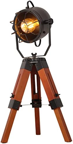Lampe Projecteur Vintage Métal Et Bois - Trépied Orientable 360° 68 Cm - Doré
