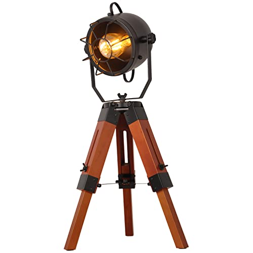 Barcelona LED Lampe de Table Lampadaire Design Industriel Vintage avec Trépied en Bois et Projecteur Projecteur Réglable Noir E27 Edison pour Bar Chambre Tête de Lit Salon Nordica Studio Chevet