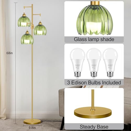 Image of ZECOXOL Dimmable Floor Lamps for Living Room-3 Light Gold Floor Lamp with Three Bulbs & Glass Lampshape, Mid Century Modern Standing Lamp Tree Tall Flower Floor Lamp for Bedroom Living Room,Corner