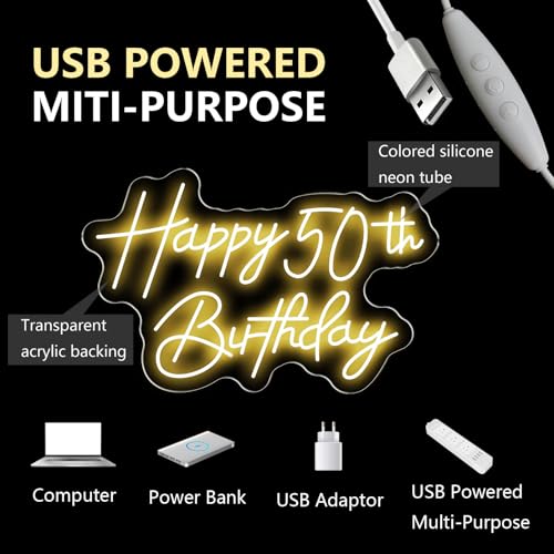 Image of Happy 50th Birthday Neon Sign For Birthday Party16.5 inch*10.5 inch Neon Happy Birthday Led Neon Light For Party Backdrop Wall Decor With Dimmable Switch Birthday Light Up Sign Birthday Gift