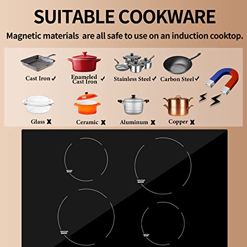 Induction Cooktop 30 Inch, Weceleh Electric Stove Top 4 Burner 7000W, Built-In Induction Stove Top 220-240V, Electric Cooktop With 9 Power Levels (No Plug), Timer & Child Safety Lock, Boost Function #TOP4