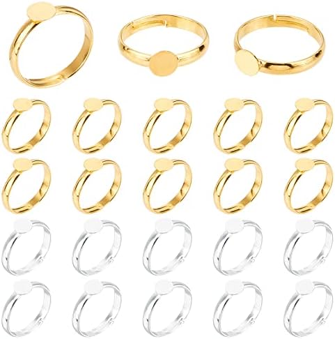 PandaHall 40pcs Ring Blanks, 17mm Adjustable Ring Base Blank with 6mm Flat Base Gold Silver Blank Finger Rings Cabochon Base Bezel for Ring Blanks Making Kit