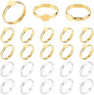 PandaHall 40pcs Ring Blanks, 17mm Adjustable Ring Base Blank with 6mm Flat Base Gold Silver Blank Finger Rings Cabochon Base Bezel for Ring Blanks Making Kit