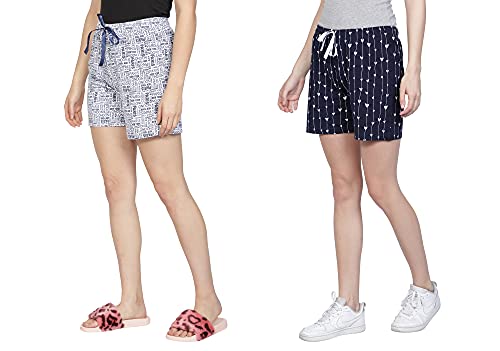 Image of Club A9 Women's Cotton Printed Regular Fit Shorts (Combo of 2) (White /Navy Blue,M) (WSCOM2 206 M)