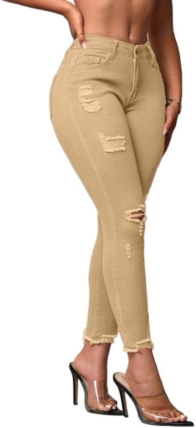 Women's Ripped Skinny Cropped Jeans – Curved Fit, Cotton Blend