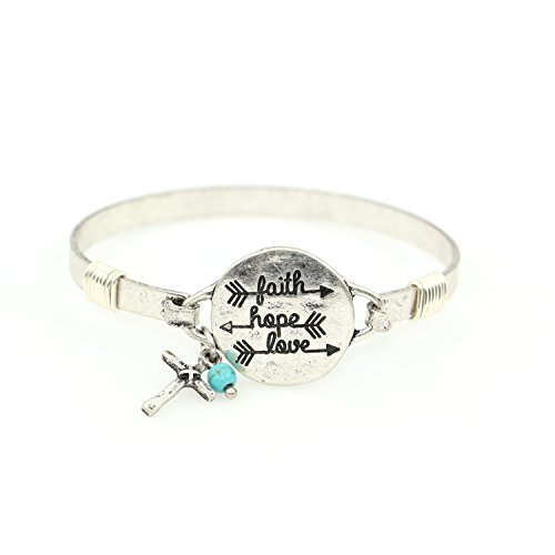 Image of inchFaith Hope Love inch Handmade Beautiful Christian Bangle Bracelet with Wire Design and Cross Charm and Bead