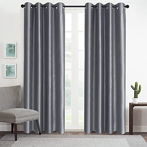 GYROHOME Faux Silk Room-Darkening Blackout Curtains (Beige Liner) Solid Window Treatment Drapes for Bedroom Living Room, Thermal Insulated Ring Top (2Panels, 52x84inch,Sliver Gray)