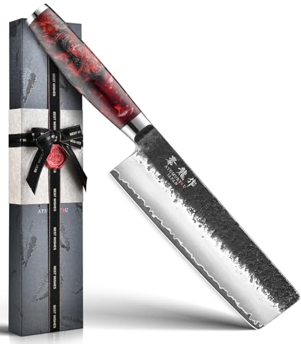 Japanese Nakiri Knife, 7 Inch Hand Forged Chef Knives with VG10 Steel, Professional Kitchen Knives, Ultra Sharp Vegetables Knife with Ergonomic Red Handle, Cooking Gifts for Men and Women