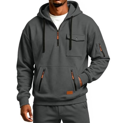 Work Hoodies for Men Quarter Zip Pullover Utility Pockets Hooded Sweatshirt - image 5
