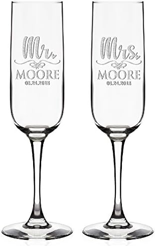 Set Of 2, Personalized Mr And Mrs Champagne Flutes - Toasting Glasses For Bride And Groom, Anniversary, Valentines Day Gift W/ Last Name And Date, Custom Wedding Champagne Glass #D4