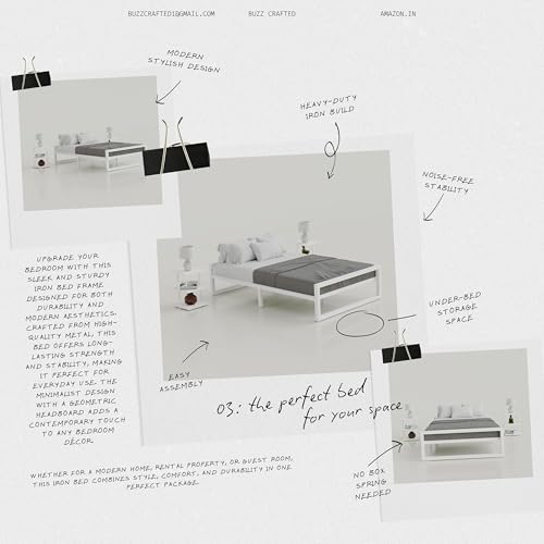 Image of Single Size Metal Bed Frame | SingleMetal Bed for Adults | Heavy Duty Iron Bed | Steel Bed Single | Single Metal Cot | White MetalBed | Platform Bed | Metal Slats | No Box Spring Needed