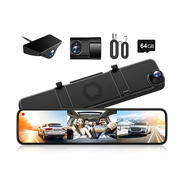 WOLFBOX G890 12″ 3 Channel Rear View Mirror Camera, 2K Triple Mirror Dash Cam, 4K UHD Dash Cam Mirror Front and Rear with Hardwire Kit, Touch Screen Backup Camera with Motion Detection, GPS&64GB Card