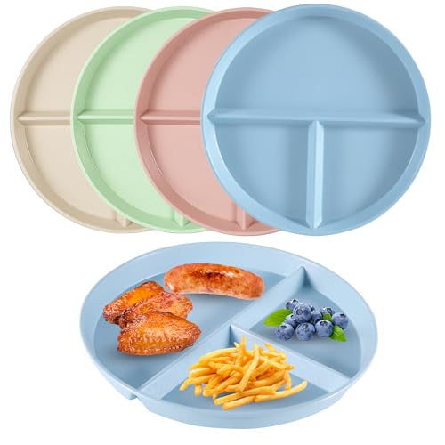 Yzpklhw 4pcs Divided Dinner Plates, Portion Control, Unbreakable, Microwave Safe, Blue, Beige, Green, Pink