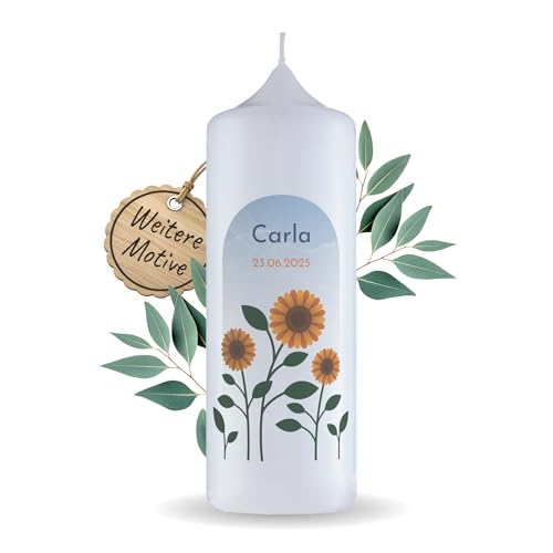 Personalisierte Stumpenkerze Sonnenblume I Taufkerze Mädchen 20 cm mit Name&Datum I Handgemachte Kerze I Erinnerungskerze I Personalisiertes Taufgeschenk I Lange Brenndauer I Engels Kerzen