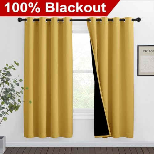 Image of NICETOWN Bright Yellow Full Shade Curtain Panels, Pair of Thermal Insulated & Energy Efficiency Blackout Drapes for Living Room Windows, Lined Silky Performance Window Dressing (46 inch Wide x 72 inch Long)