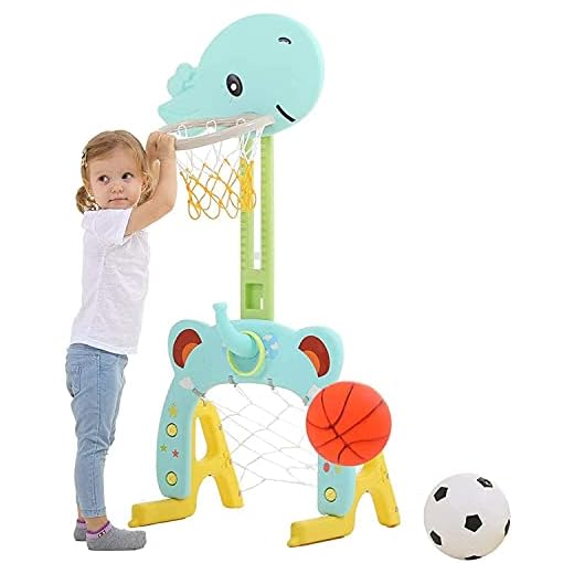 Basketkorg barn inomhus rum 3 i 1 basketstativ med 1 basket, 1 fotboll, 4 ringar, 1 pump, justerbar höjd från 60 till 120 cm sport