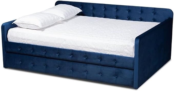 BOWERY HILL Transitional Velvet Upholstered Queen Size Daybed, Blue, Foam Padded MDF Frame, Button Tufted, Roll-Out Twin Size Trundle Bed, Modern Guest Room or Kids Room Sleeping and Lounging