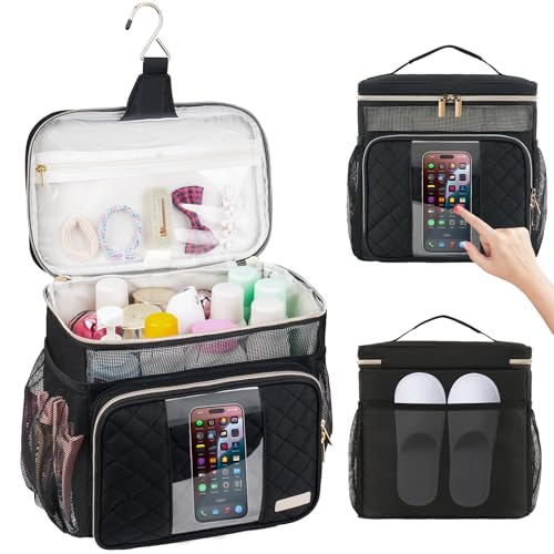 Jaffzora Portable Shower Caddy College Dorm Essentials (Full Size Bottle Compatible), Toiletry Bag for Women Men, Hanging Makeup Bag with Quickly Dry Mesh Base for Travel,Gym & Camping, Black