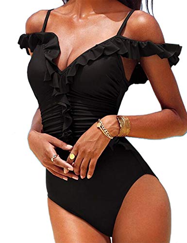 Blooming Jelly Women's Off Shoulder Ruffle One Peice Swimsuit Ruched Tummy Control High Rise Bathing Suit(S, Black)