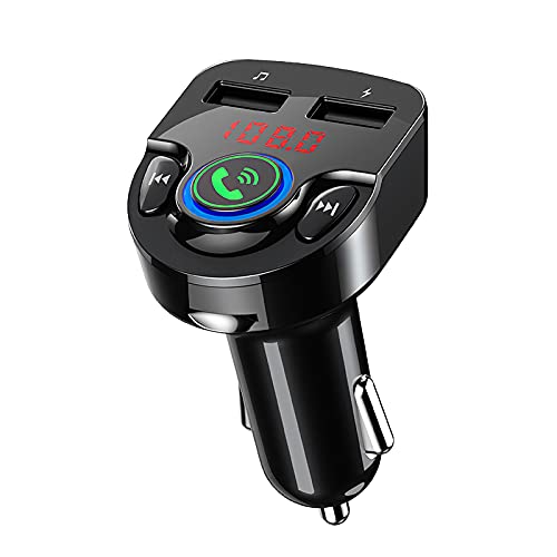 HRNAKDFKL Transmisor FM para Coche, Bluetooth 5.0, Doble Puerto USB, transmisor Bluetooth para Coche, Reproductor MP3, Carga rápida, transmisor FM, reproducción con luz Ambiental Azul Cover