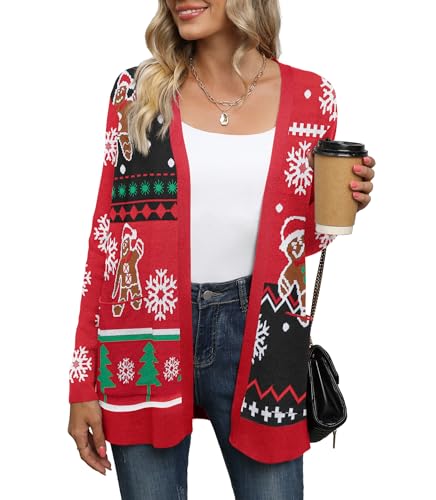 Yommay Strickjacke für Damen Elegante locker lässig leichtes Frauen Herbst Langarm Pullover mit Taschen,Weihnachtsschnee,XXL