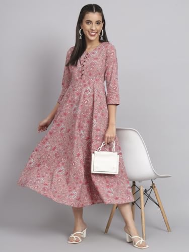 Image of Rapsodia Womens Cotton Green & Brown Floral Printed Flared Kurta