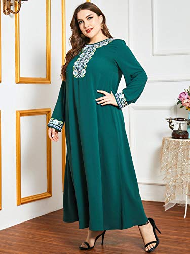 Bigfanshu Roupão árabe feminino moderno com gola redonda verde étnico confortável bordado manga long
