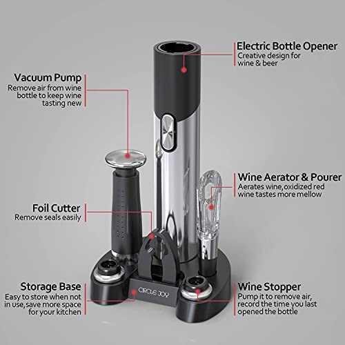 Circle Joy Electric Wine Opener Set Automatic Wine Opener Kit For Wine And Beer Cordless Electric Wine Bottle Openers Gift Set With Foil Cutter, Aerator Pourer, Vacuum Pump And 2 Wine Stoppers #TOP4