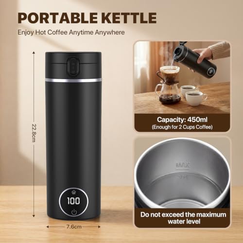 Portable Travel Electric Tea Kettle,6 Preset Temp Plug-in Keep Warm,15 OZ Small Hot Water Boiler,304 Stainless Steel,Auto Shutoff&Boil Dry Protection,Termo Electrico Portatil Black for RV Travel — view 5