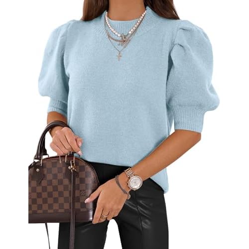 Women Puff Short Sleeve Sweater Summer Trendy Crewneck Pullover Knit Shirts Business Casual Outfit
