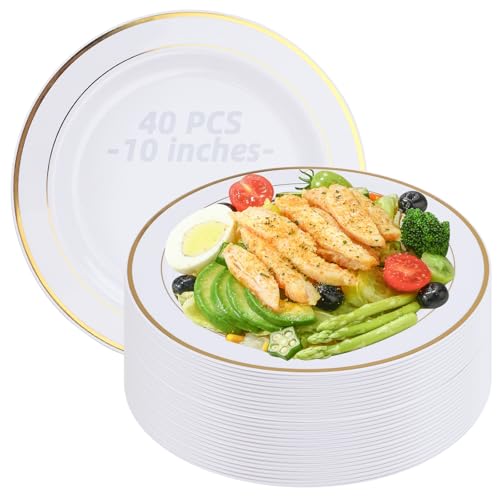 SHUESS Paquete de 40 elegantes platos llanos de plástico blanco con borde dorado - Platos redondos de plástico reutilizables de 10 pulgadas - Platos de fiesta resistentes para bodas, fiestas, catering