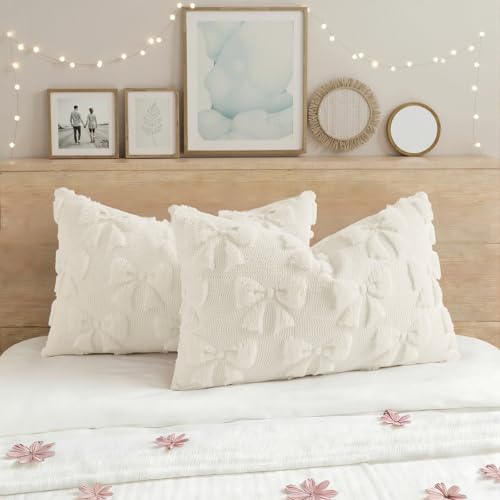 Image of decorUhome Cream White Bow Pillow Covers Set of 2 Coquette Aesthetic Cute Preppy Plush Faux Pillowcases for Girly Bedroom or Couch 12x20 Inch