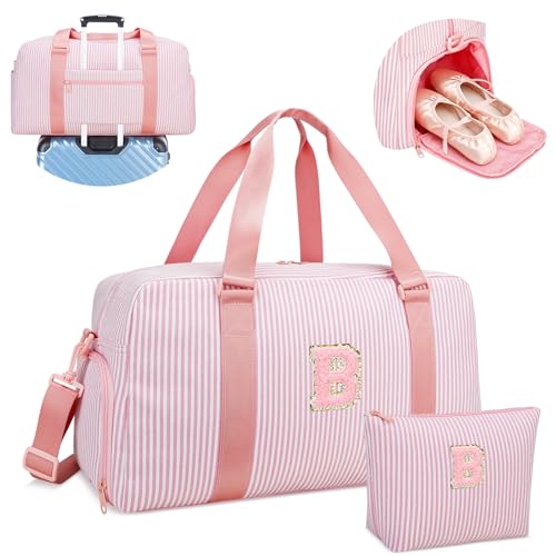 Pink duffle bag with an initial monogram on the side