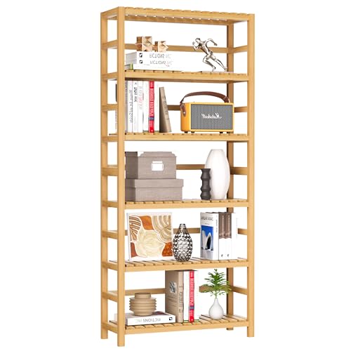 VASMIA 6-Tier Bamboo Shelf,Bamboo Storage Shelving Unit,Tall Bookcase with Adjustable Shelves,Multipurpose Storage Display Shelf for Bathroom, Living