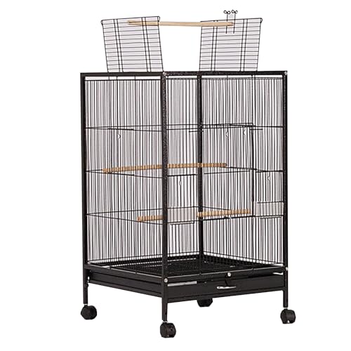 鳥かご トリカゴ 鳥籠 バードケージ 大型インコ ケージ bird cage インコ おしゃれ キャスター付き 防湿 防錆 安定して強い お手入れ簡単 (46 x 46 x 77 cm,ブラック)