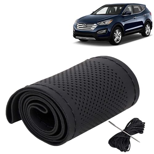 Image of KINGSWAY PU Leatherite Car Steering Cover Sewable Compatible with Hyundai Santa Fe (Year 2013-2017), Black Color with Black Thread, Pack of 1 with Sewing Needle and Thread