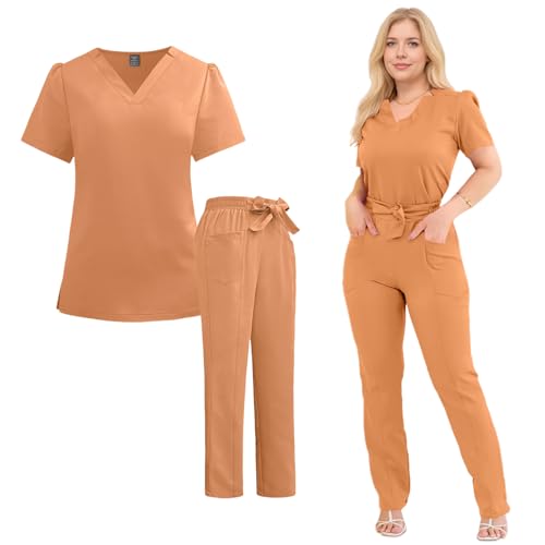 RAKSONIC Nursing Scrub Breathable Sweat-Absorbent forDoctors, Nurses and Caregivers in Hospitals,Nursing Homes(Orange-M)