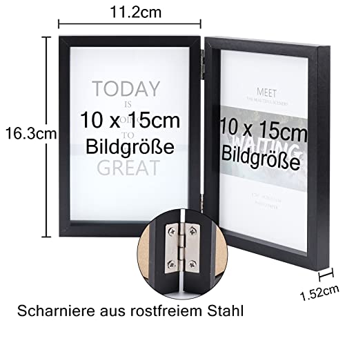 AVEAX Doppelter 10 x 15 Bilderrahmen Klappbarer Bilderrahmen aus Holz mit Glasfrontständer vertikal auf dem Desktop, schwarz (Packung mit 2) – Ansicht 3