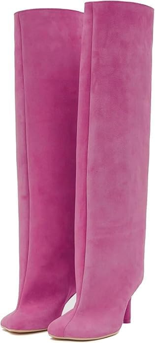 Knee High Boots for Women Faux Suede Wide Calf Square Toe Tall Stiletto Kitten High Heels Thigh Long Fall Boot Pull on Fashion Casual Cute Y2K