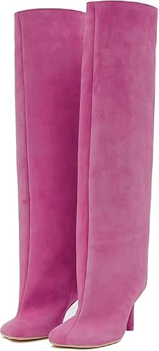 Knee High Boots for Women Faux Suede Wide Calf Square Toe Tall Stiletto Kitten High Heels Thigh Long Fall Boot Pull on Fashion Casual Cute Y2K