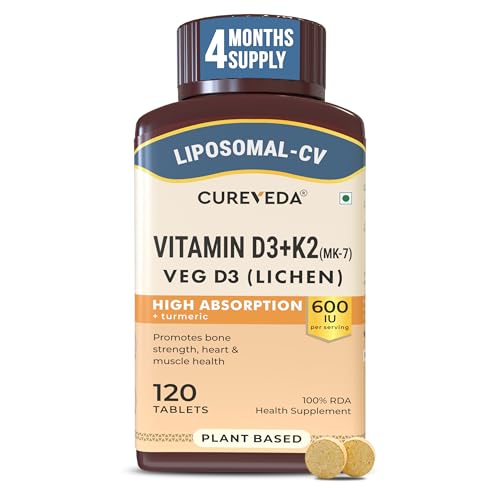 Liposomal Vitamin D3 600 IU + Vitamin K2-7 & Turmeric | High Absorption Bone & Heart Support | Promotes Muscle Health & Immunity | 120 Tablets (120 Da