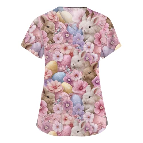 Women Easter Scrub Tops Short Sleeve V Neck Nurse...