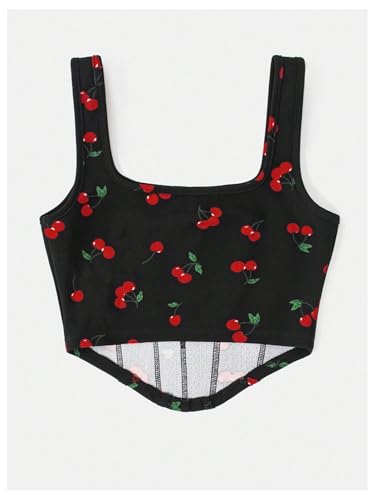 SweatyRocks Girl's Cherry Graphic Summer Tank Tops Square Neck Sleeveless Crop Top2