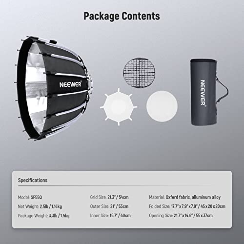 NEEWER 22inch/55cm Parabolic Softbox Quick Set up Quick Folding, with Diffusers/Honeycomb Grid/Bag, Compatible with Aputure 120d Light Dome Godox sl60w NEEWER RGB CB60 and Other Bowens Mount Lights by NEEWER - Image 8