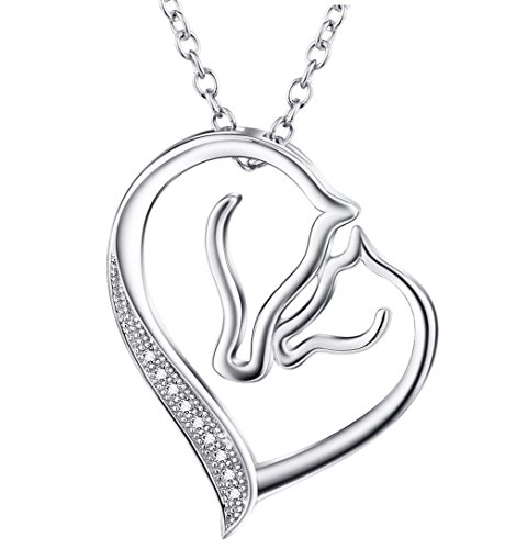 YFN Kette Damen 925 Sterling Silber Mutter und Kind Pferd Kopf Liebe Herz Anhänger Halskette, 45,7 cm Rolo Kette mit Geschenk Box