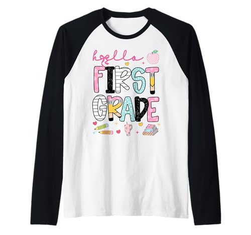 Hello First Grade Teacher Coquette Pencil Bow Back to School Raglan Baseball Tee