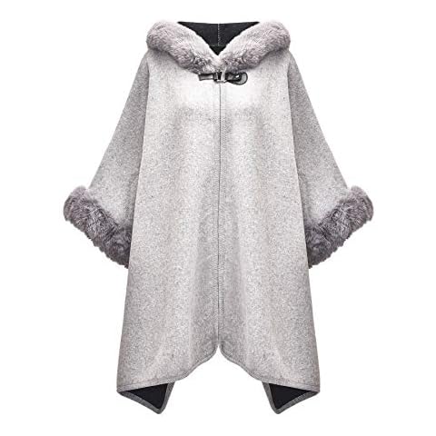 ZLYC Women Winter Fashion Faux Fur Trim Layers Hooded Cardigan Warm Poncho Cape Sweater (Light Grey) Cover